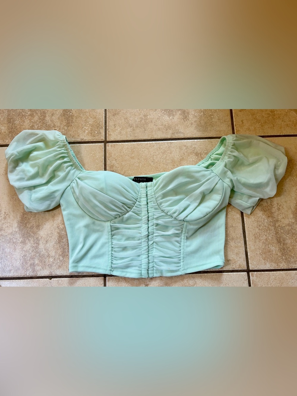 Papaya Mint Puff-Sleeve Ruched Crop Top